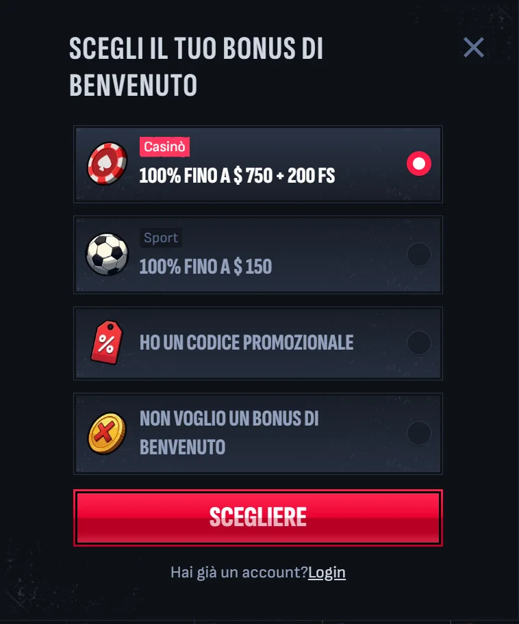 Schermata di registrazione di Mafia Casino